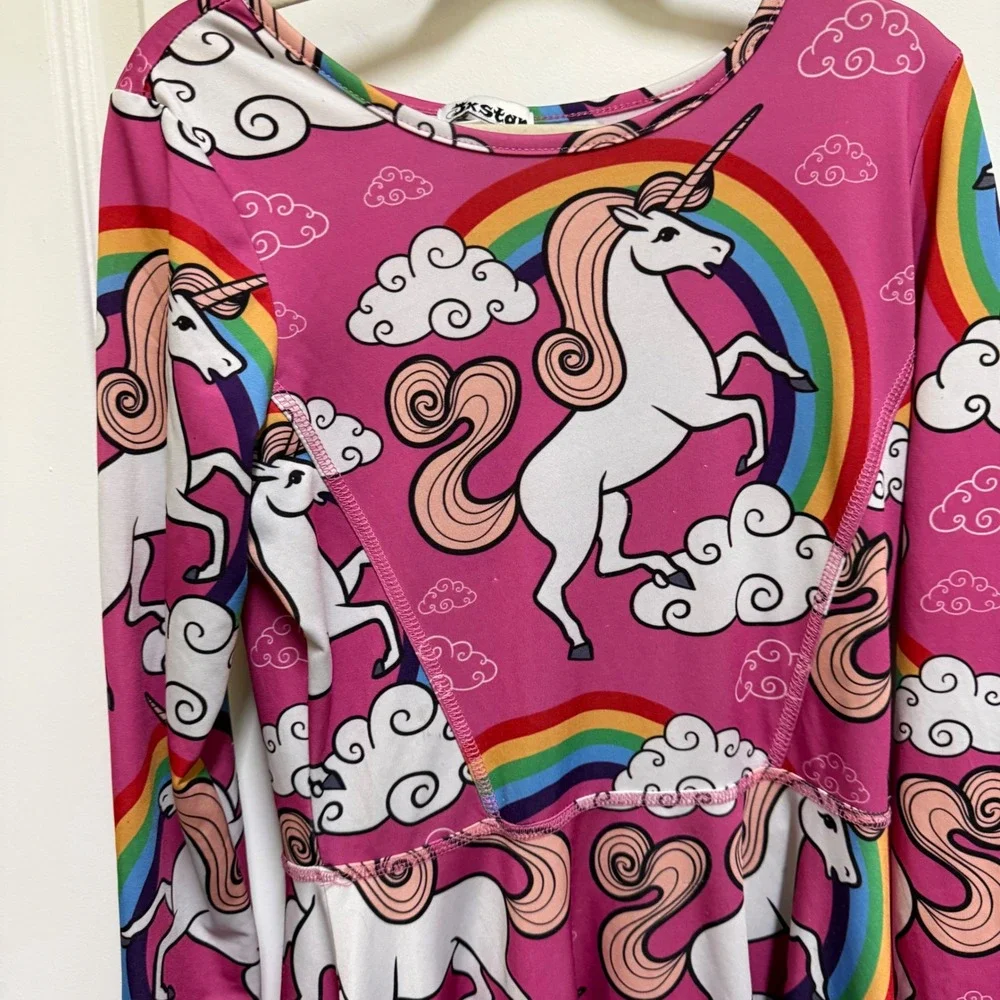 Jxstar Girls Pink Unicorn Rainbow‎ Long Sleeve Skater Dress Size 10-11Y 150
